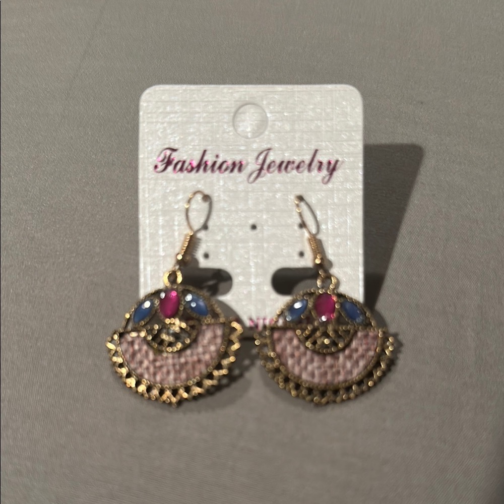 Gold and Pink Chandelier Earrings with Intricate Design